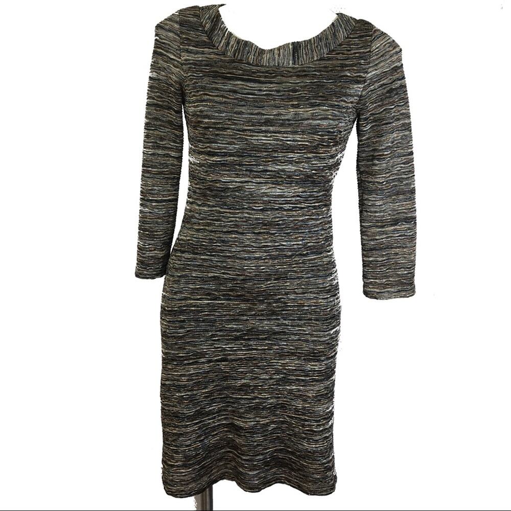 Papillon Blanc brown blue knit dress scoop neckline size small